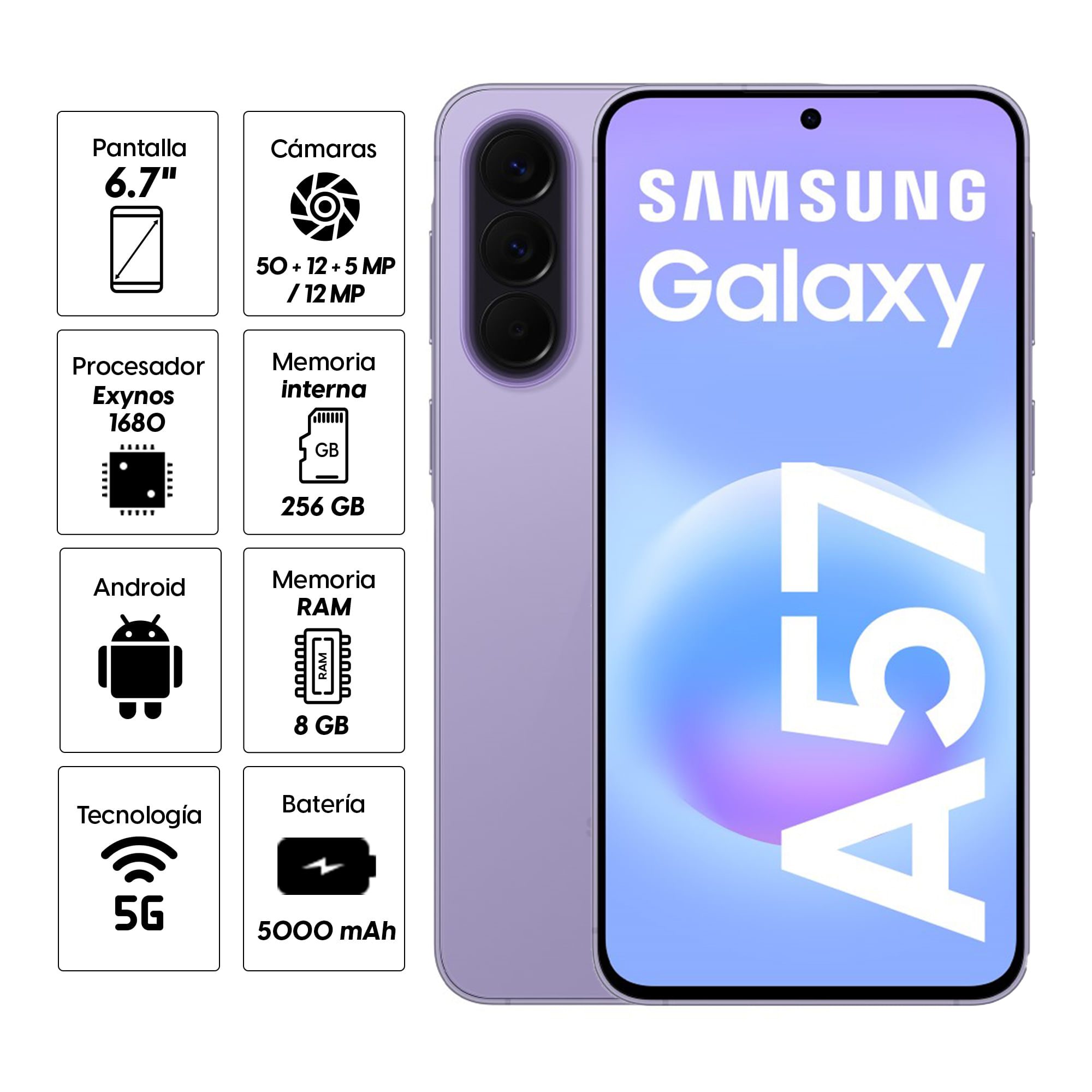 Imagen 2 del producto Celular Samsung Galaxy A57 5G 256GB, 8GB RAM, cámara trasera 50MP y frontal 12MP, 6.7'', violeta claro