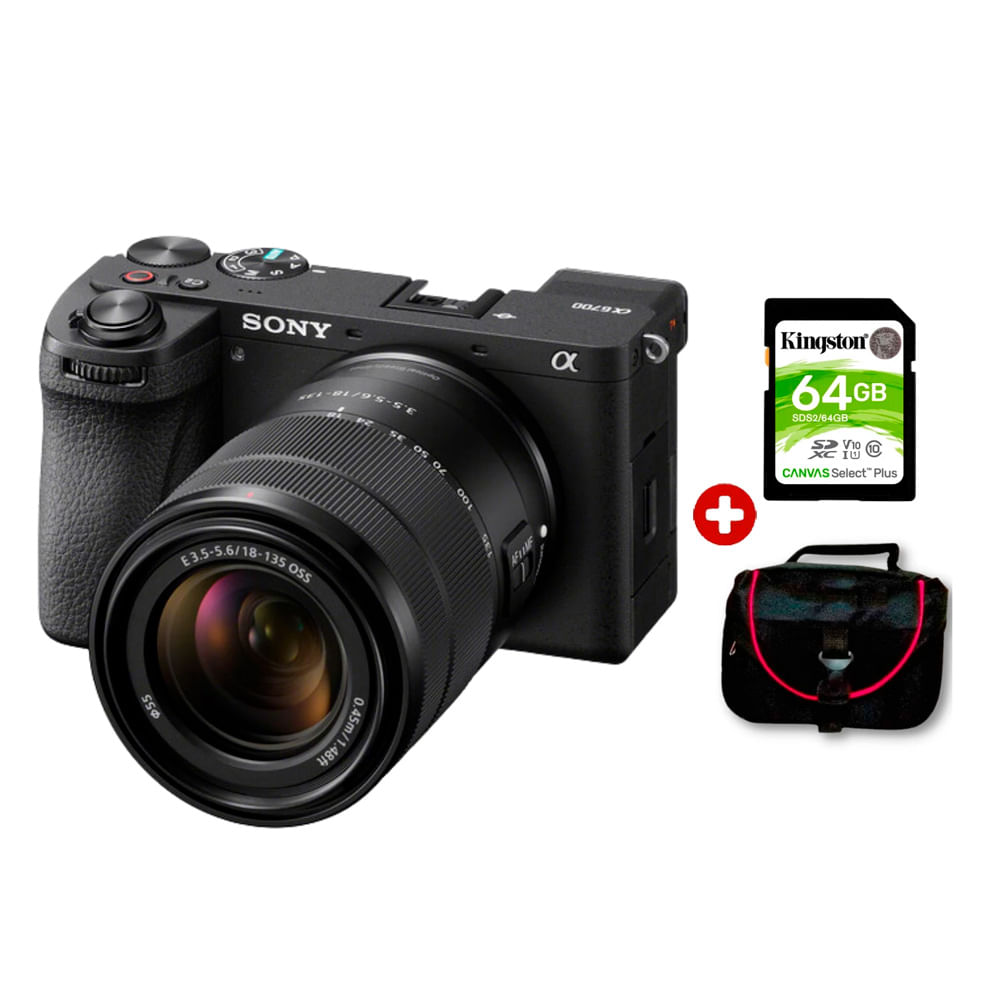 Cámara mirrorless Sony Alpha a6700 26MP, lente 18-135mm, video 4K, enfoque Fast Hybrid AF, pantalla táctil, negro + Kit Básico
