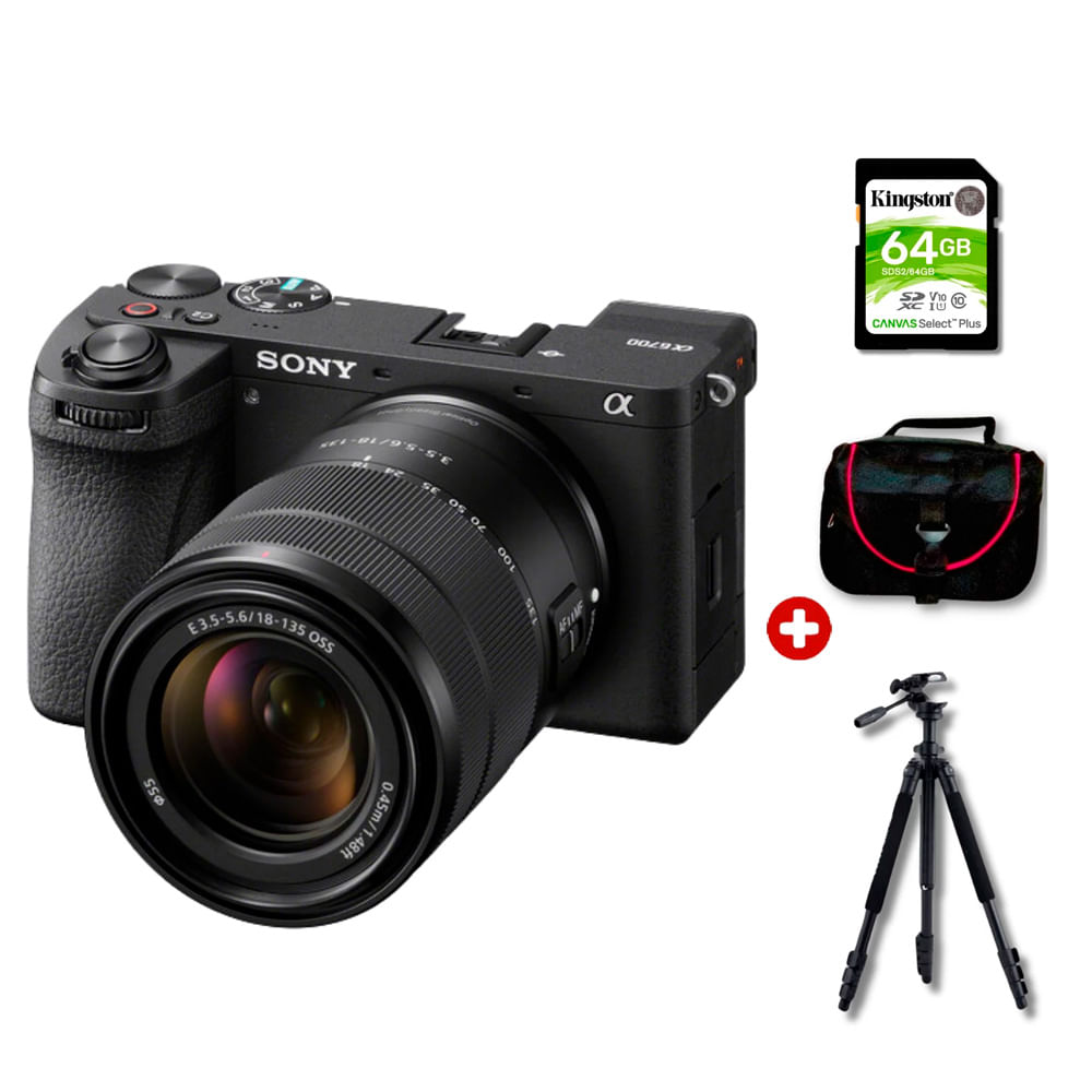 Cámara mirrorless Sony Alpha a6700 26MP, lente 18-135mm, video 4K, enfoque Fast Hybrid AF, pantalla táctil, negro + kit deluxe