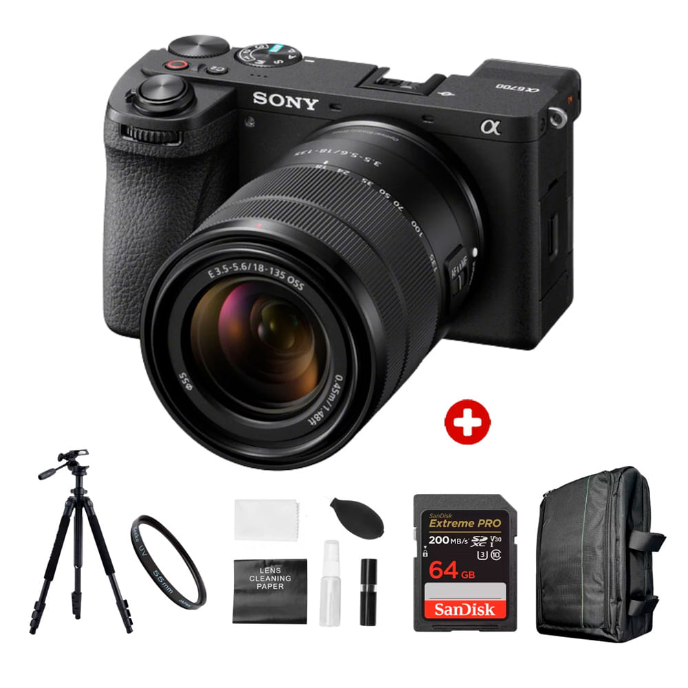 Cámara mirrorless Sony Alpha a6700 26MP, lente 18-135mm, video 4K, enfoque Fast Hybrid AF, pantalla táctil, negro + kit ultimate