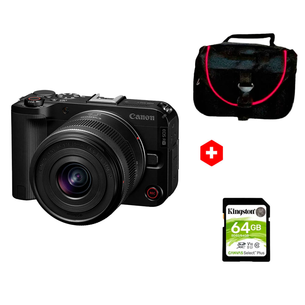 Cámara mirrorless Canon EOS R50 V RF-S 14-30mm 24.2MP, video 4K, sensor APS-C, enfoque Dual Pixel CMOS AF II, negro + estuche + memoria MicroSD 64GB