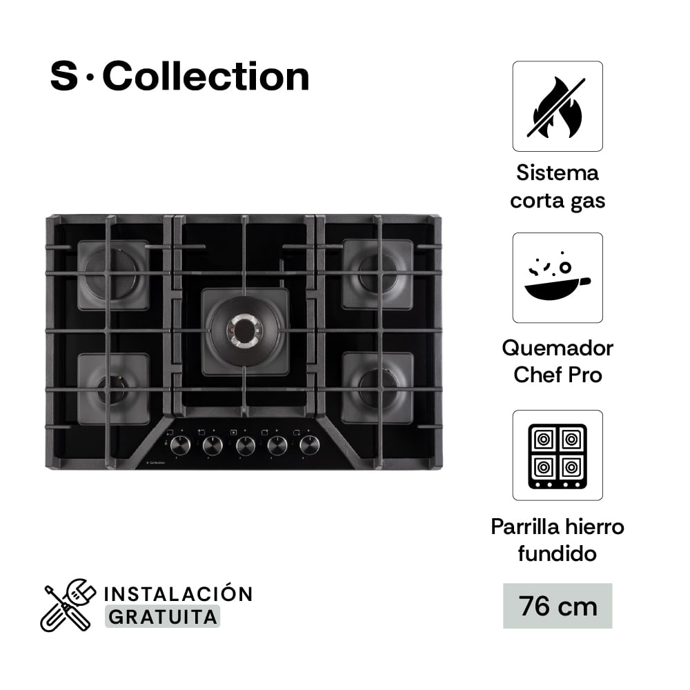 Imagen 2 del producto Encimera a gas Scollection 3120SOLCO060, 5 quemadores Italianos-SABAF, parrilla de hierro fundido, negro