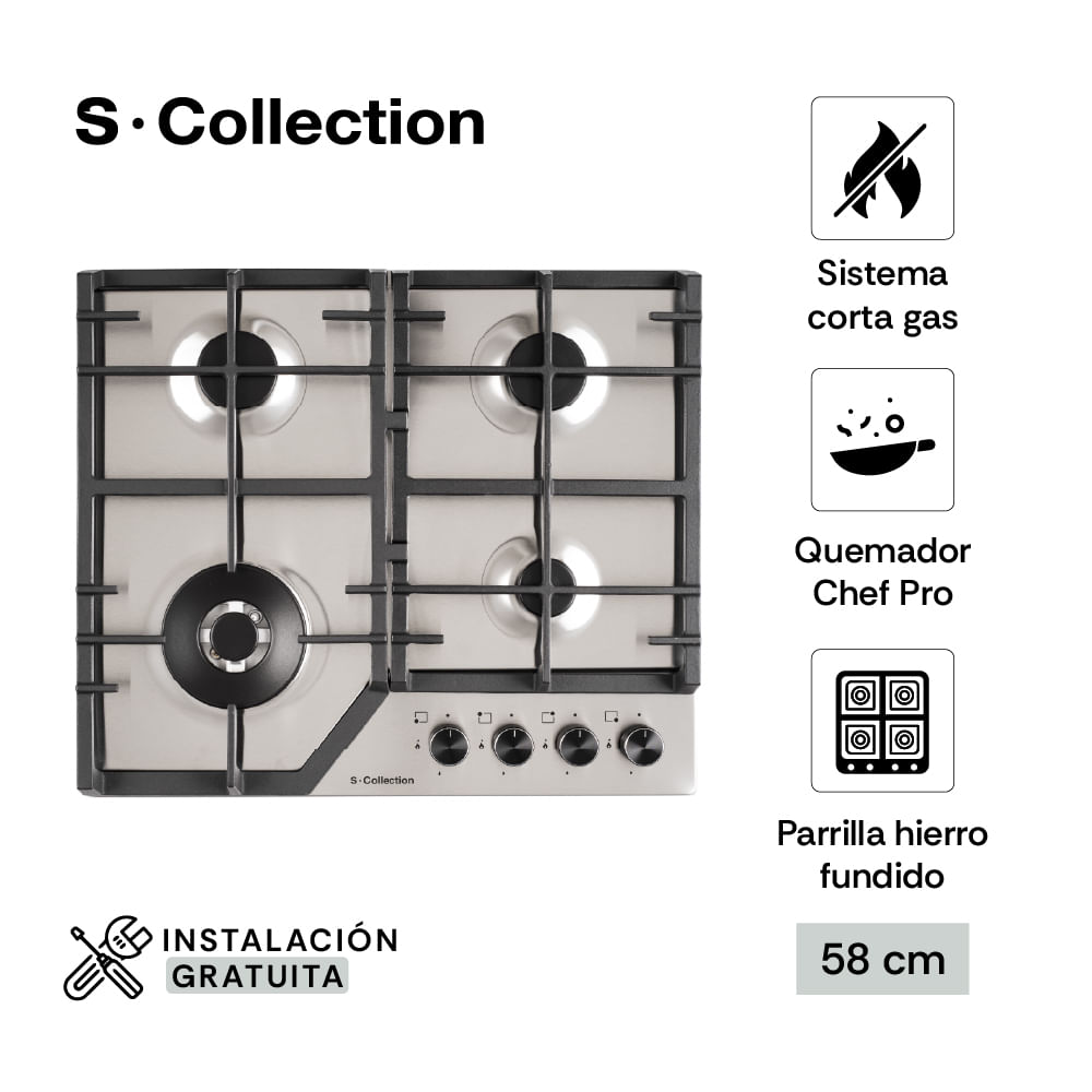 Imagen 2 del producto Encimera a gas SCollection 3120SOLCO063, 4 quemadores Italianos-SABAF, acero inoxidable, gris