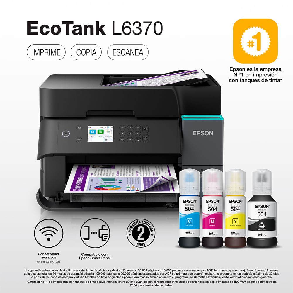 Imagen 2 del producto Impresora multifuncional Epson Ecotank L6370 , inyección de tinta, inalámbrica, Wi-Fi, con tanques recargables automatico