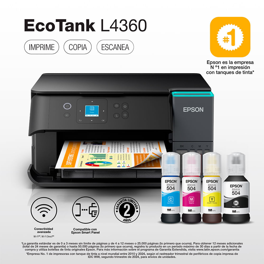 Imagen 2 del producto Impresora multifuncional Epson Ecotank L4360, inyección de tinta, inalámbrica, Wi-Fi, con tanques recargables