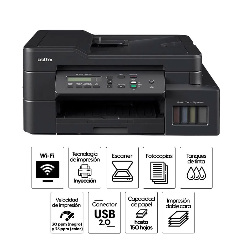 Imagen 2 del producto Impresora multifuncional Brother DCP-T720DW, inyección de tinta, inalámbrica, Wi-Fi, con tanques recargables (reempacado)