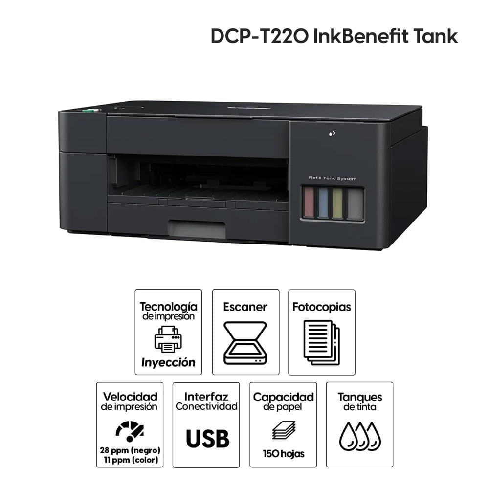Imagen 2 del producto Reacondicionado: Impresora multifuncional Brother DCP-T220, inyección de tinta, alámbrica, tanques recargables