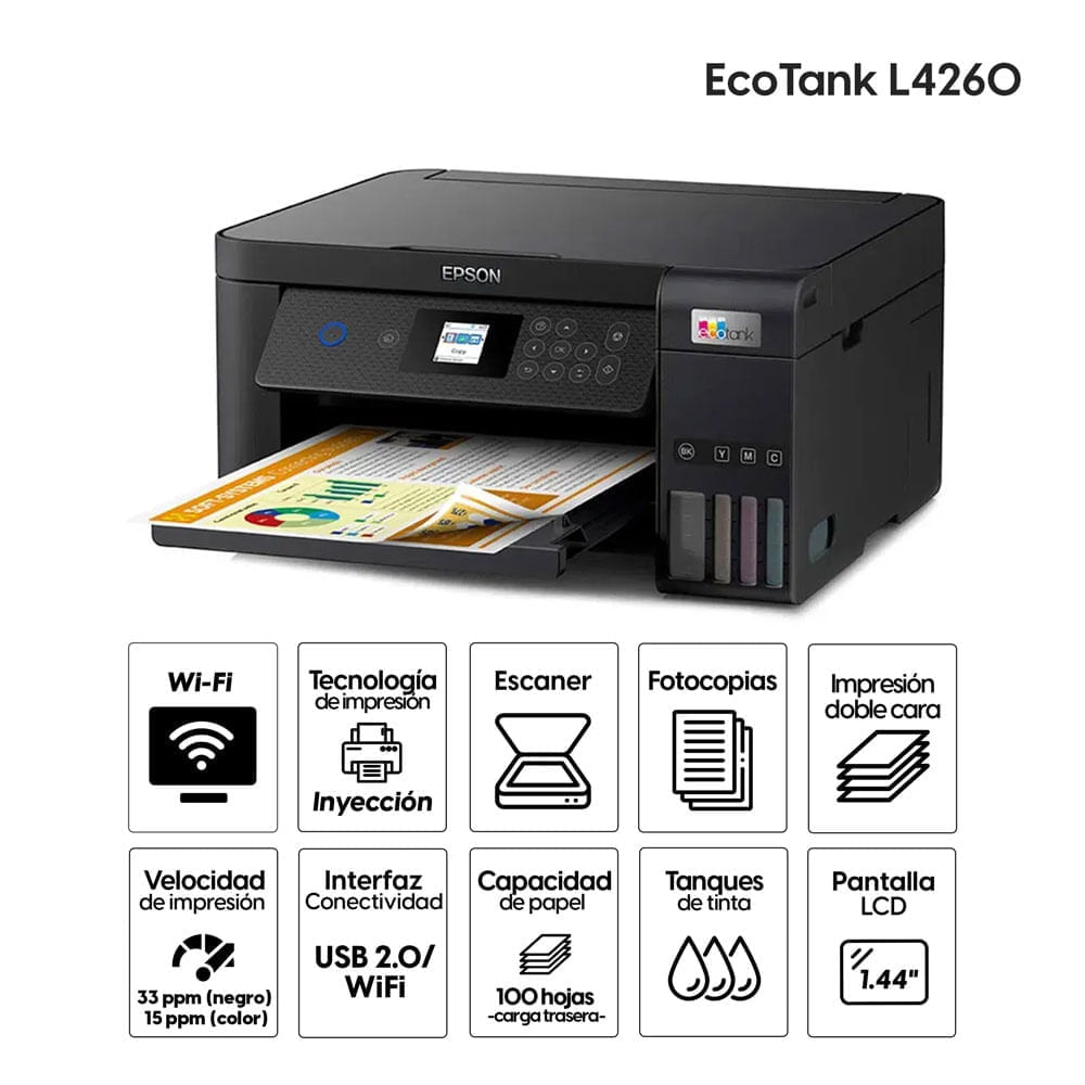 Imagen 2 del producto Impresora multifuncional Epson EcoTank L4260, inyección de tinta, inalámbrica, Wi-Fi, con tanques recargables (reempacado)