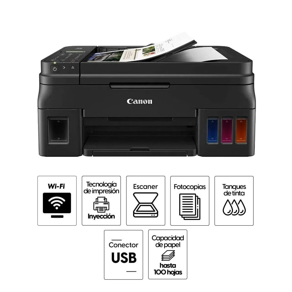 Imagen 2 del producto Impresora multifuncional Canon PIXMA G4110, inyección de tinta, inalámbrica, Wi-Fi, con tanques recargables (reempacado)