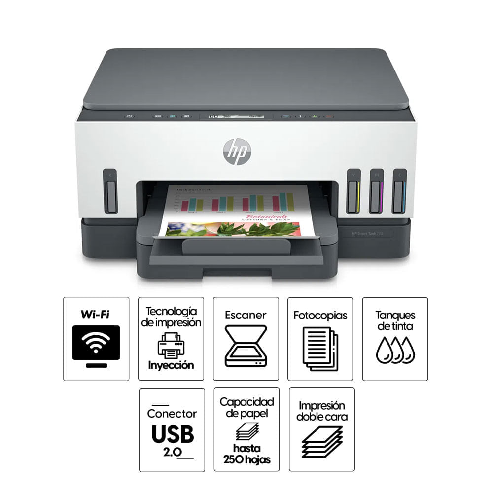 Imagen 2 del producto mpresora multifuncional HP Smart Tank 720, inyección de tinta, inalámbrica, Wi-fi, con cartuchos