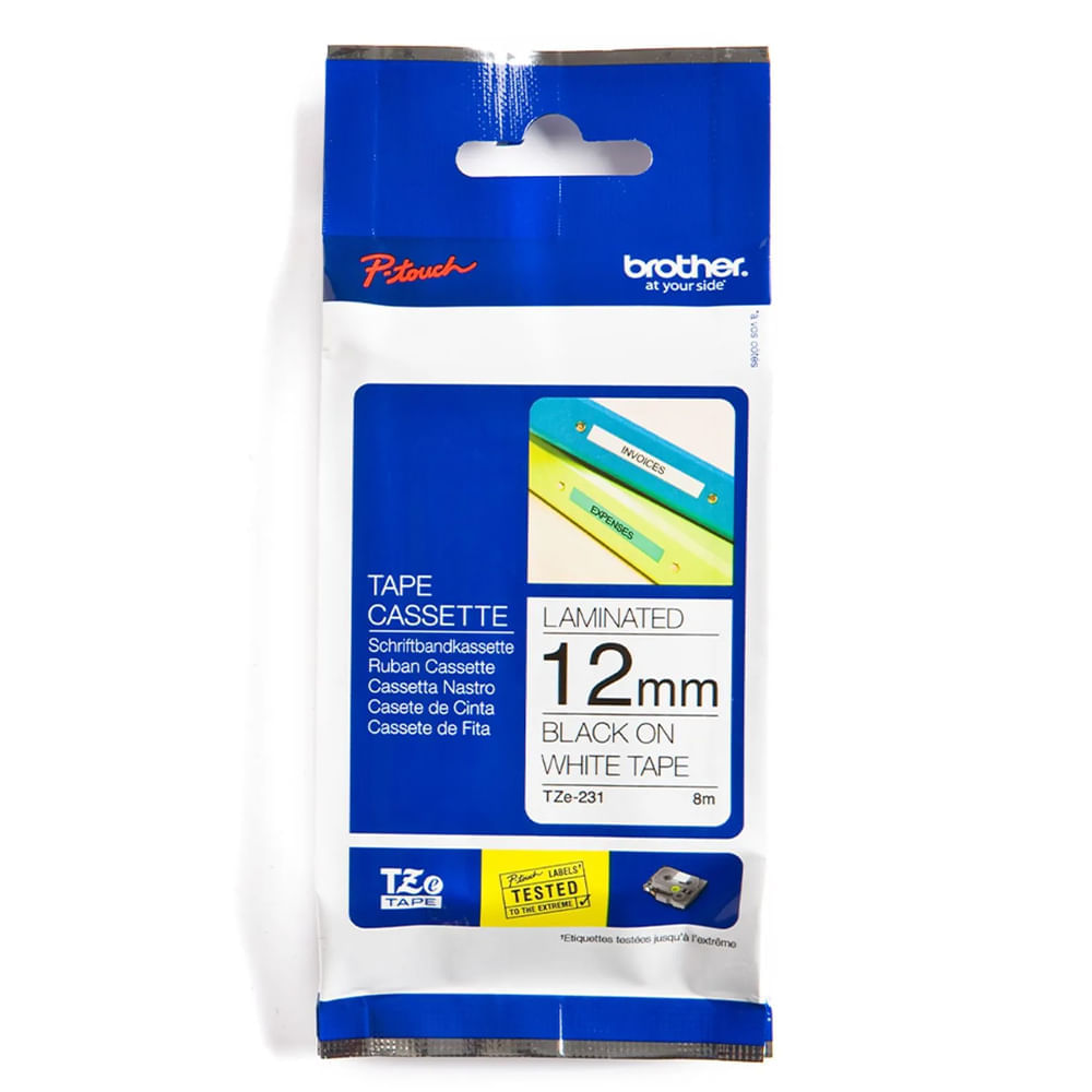 Imagen 1 del producto Cinta laminada Brother TZE231 texto negro sobre fondo blanco, ancho: 12mm x largo: 8 metros, compatible con Rotuladora PTH110BK