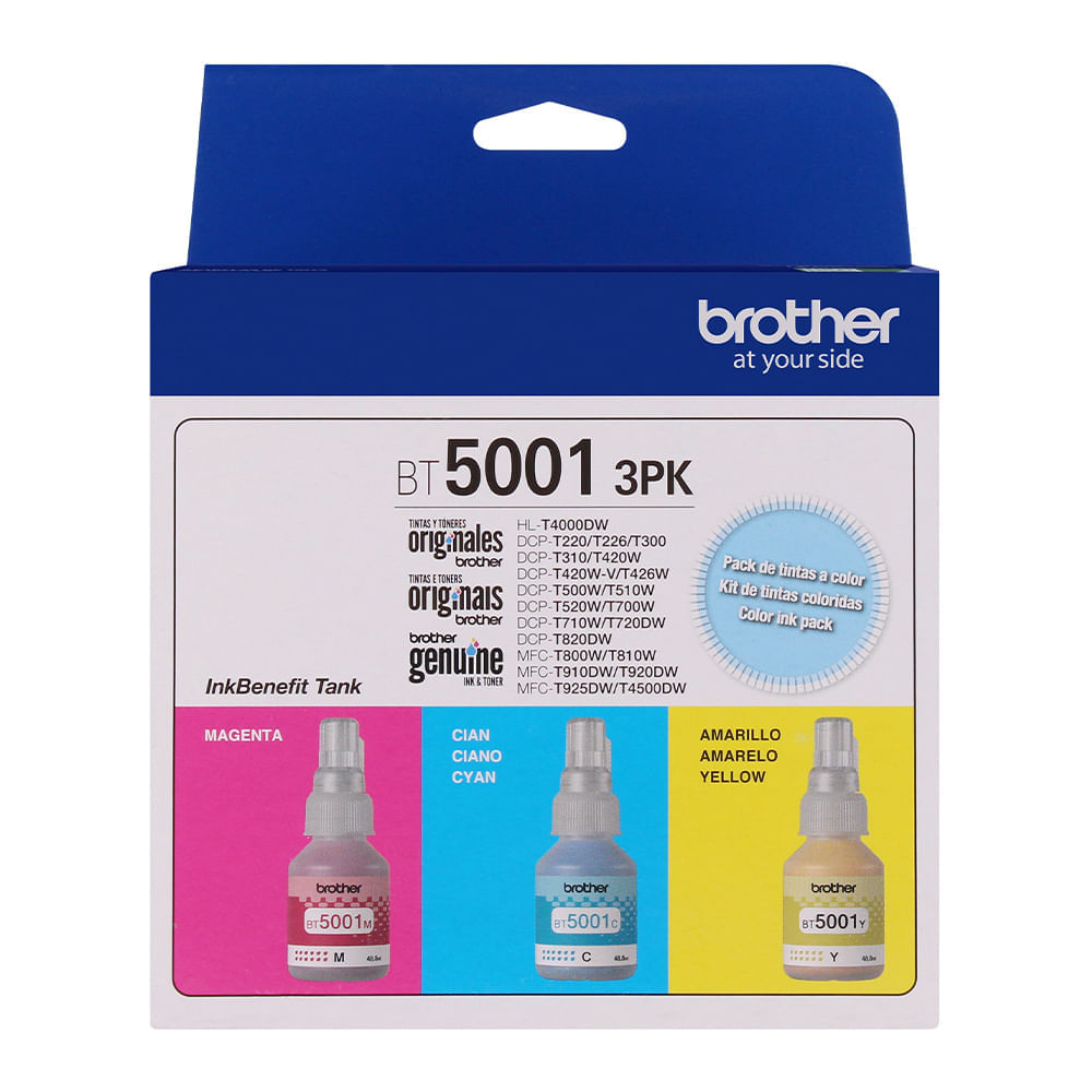 Pack 3 Tintas de colores Brother BT5001-3PK Cyan / Magenta / Amarillo, rinde hasta Hasta 5000 páginas, 48.8ml x color