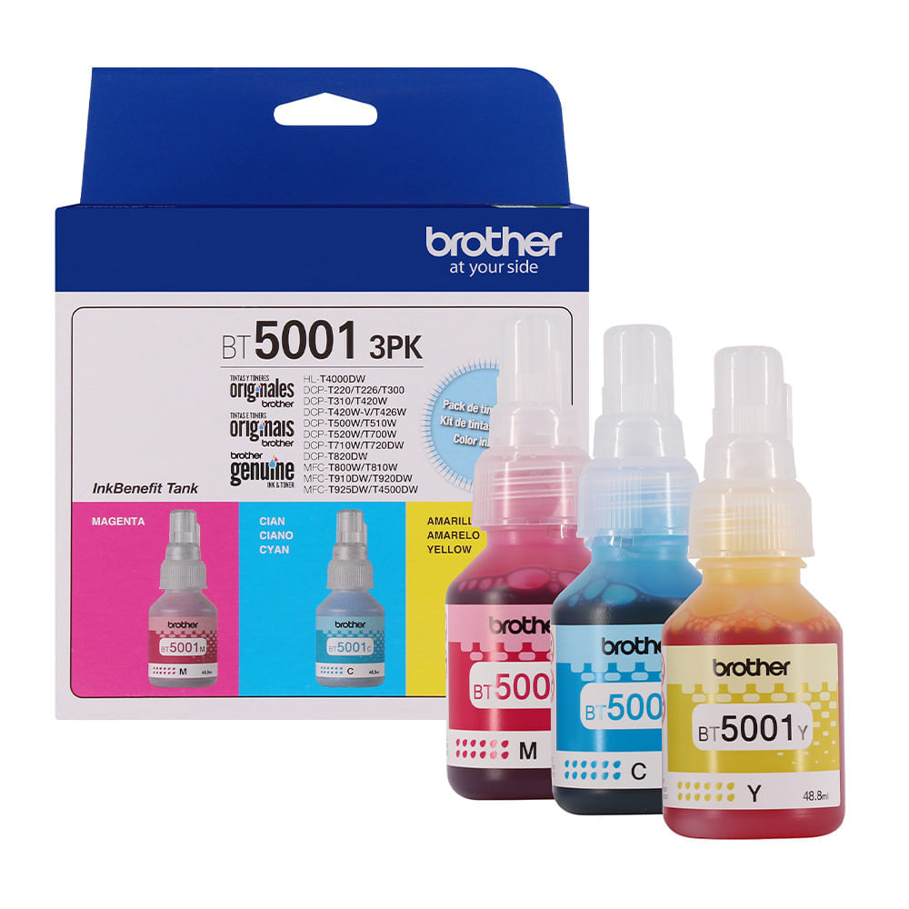 Imagen 2 del producto Pack 3 Tintas de colores Brother BT5001-3PK Cyan / Magenta / Amarillo, rinde hasta Hasta 5000 páginas, 48.8ml x color