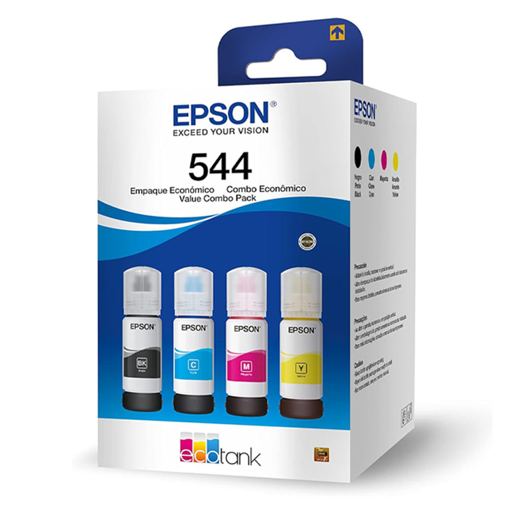 Pack de 4 botellas de tinta Epson T544 Negro/Cyan/Magenta/Amarillo, rinde hasta 4500 página negro/ 7500 páginas color, 4x 65 ml