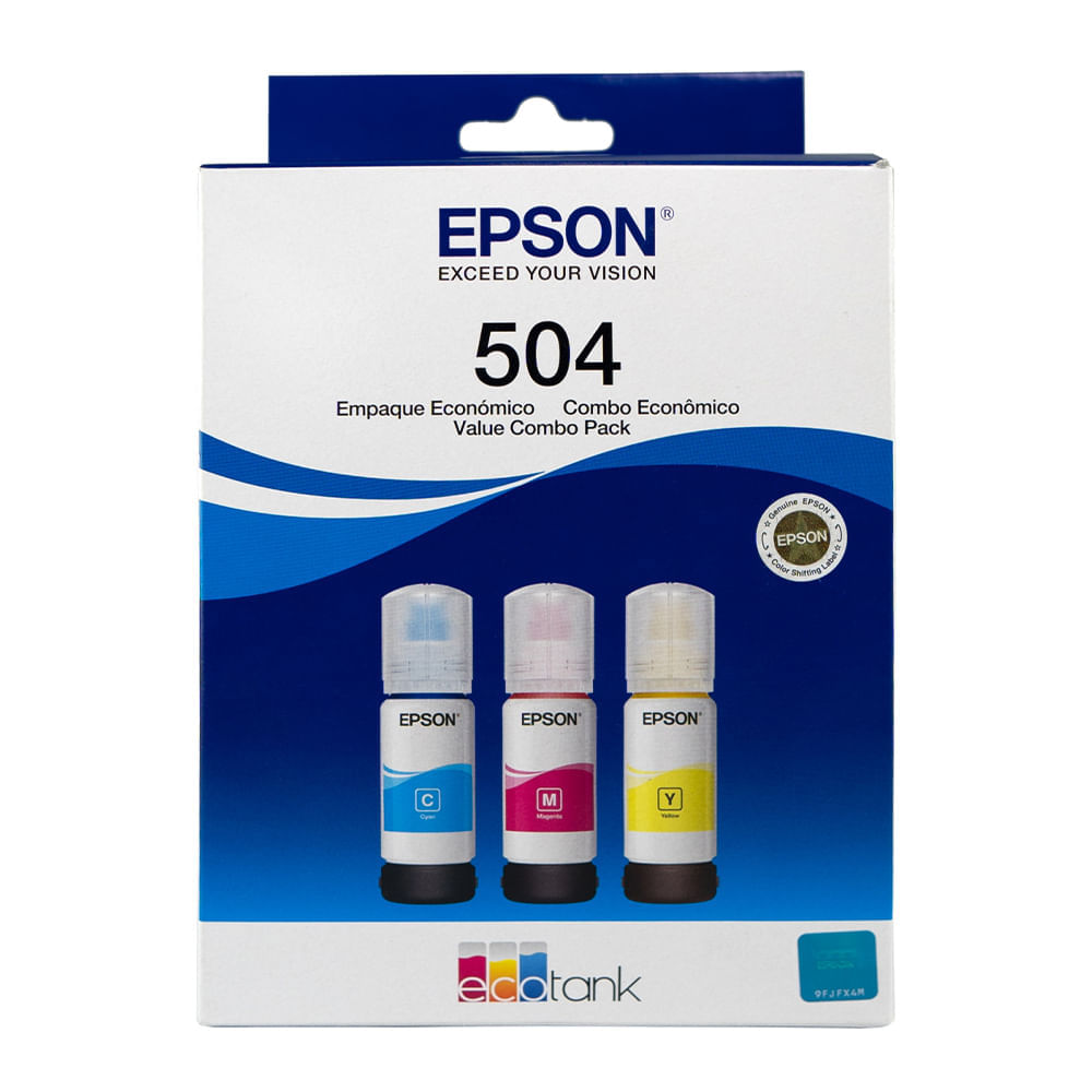 Pack de 3 botellas de tinta Epson T504 Cmy rinde hasta 6000 páginas a color