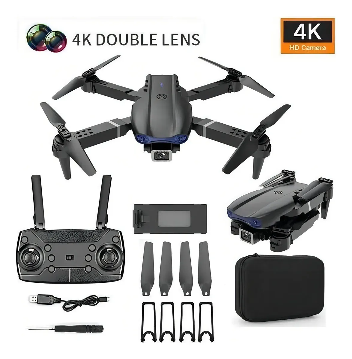 Imagen 2 del producto Mini Dron Semi Profesional E99 MAX, cámara HD, luces LED, control remoto 100 m, diseño plegable, negro