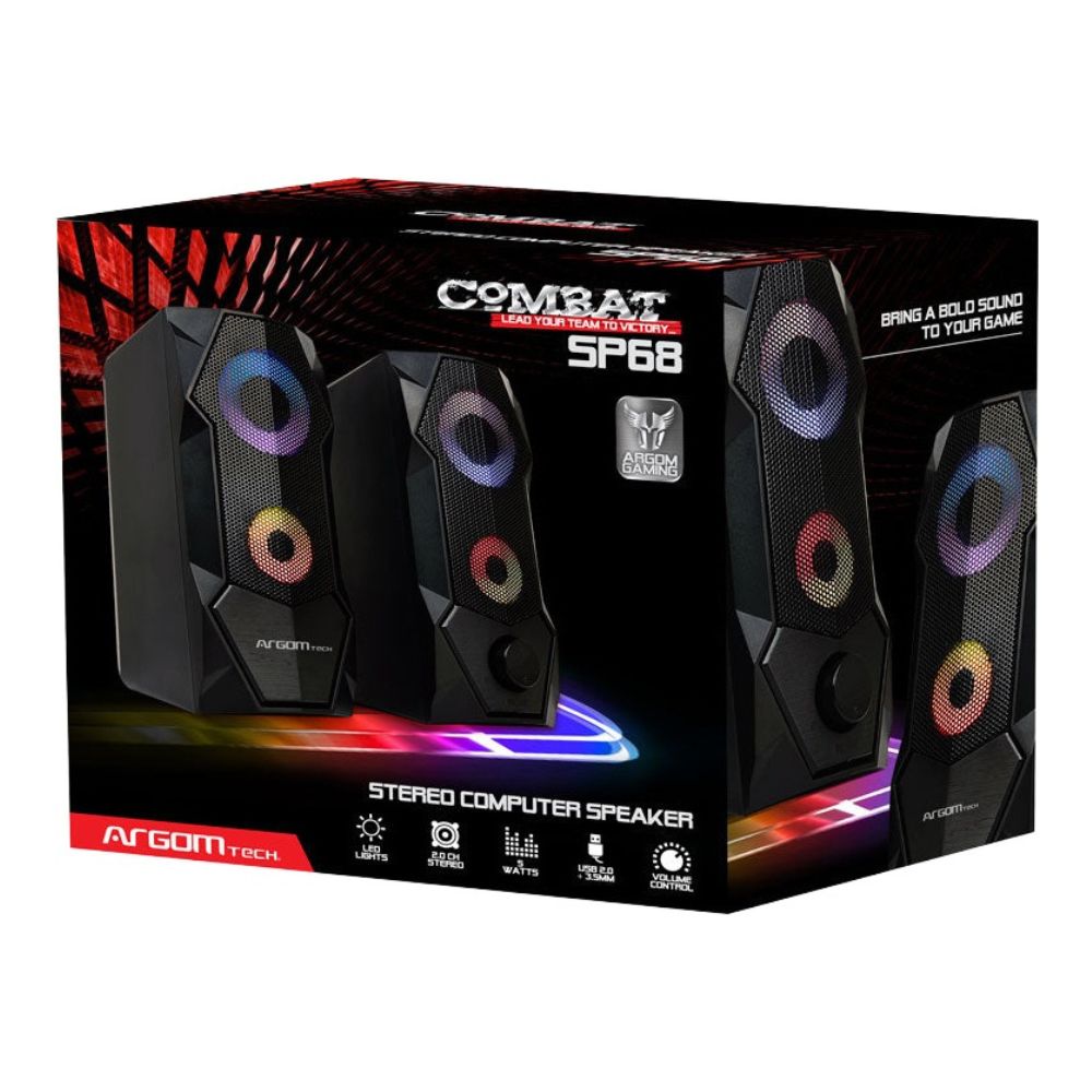 Imagen 2 del producto Parlante gamer para pc ArgomTech Combat SP68 ARG-SP-1068BK, 2.5W x2, USB/AUX de 3.5mm, estéreo, luces LED, negro