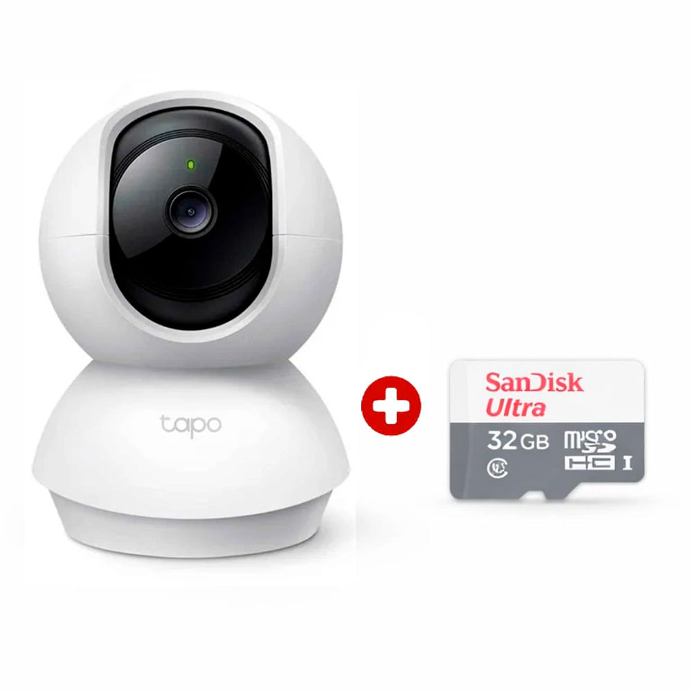 Cámara de seguridad TP-Link Tapo C200 interior, Full HD, Wi-Fi, infrarrojo 360° + Micro SD 32GB, blanco