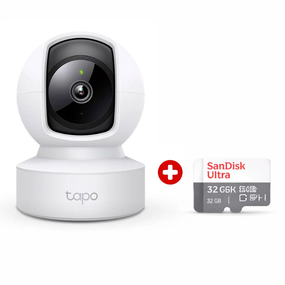 Cámara de seguridad TP-Link Tapo C202 interior, Full HD, Wi-Fi, infrarrojo 360° + Micro SD 32GB, blanco