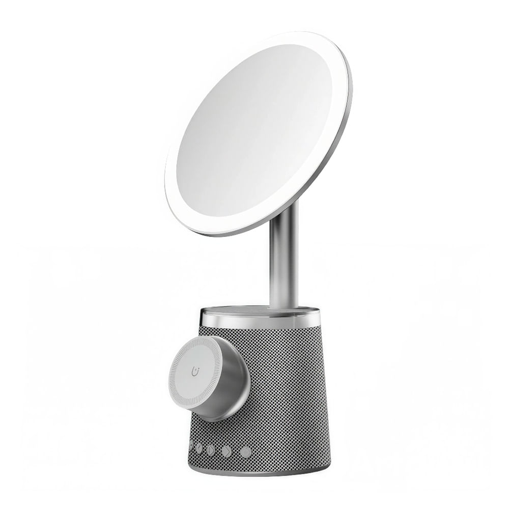 Espejo SEC multifuncional con luz LED, parlante y cargador inalámbrico, plateado