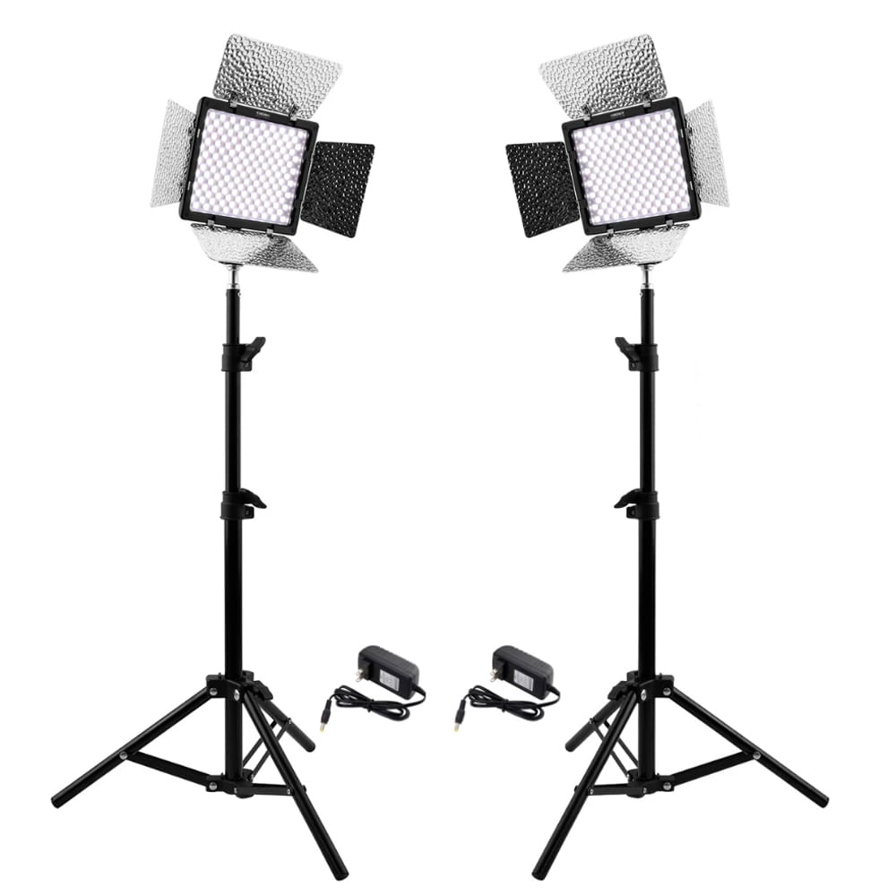 Kit de iluminación Yongnuo YN300III con 2 paneles LED, temperatura ajustable 3200K–5500K, CRI 90+, parantes y cable corriente