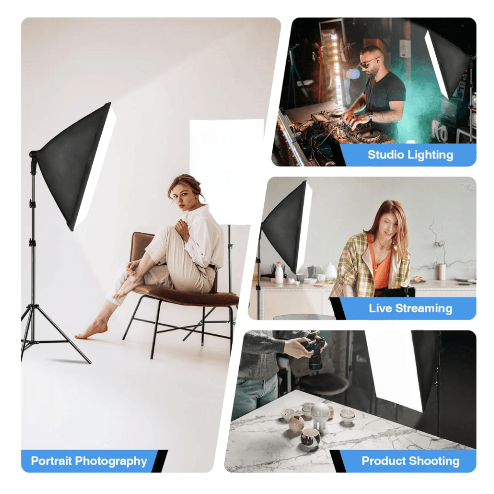 Imagen 2 del producto Kit iluminación softbox 85W bicolor regulable, 3200K–5600K, 2 softbox 50x70 cm, trípodes ajustables y control remoto