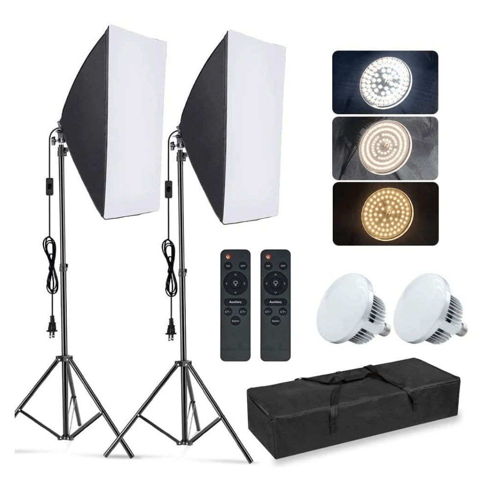 Kit iluminación softbox 85W bicolor regulable, 3200K–5600K, 2 softbox 50x70 cm, trípodes ajustables y control remoto