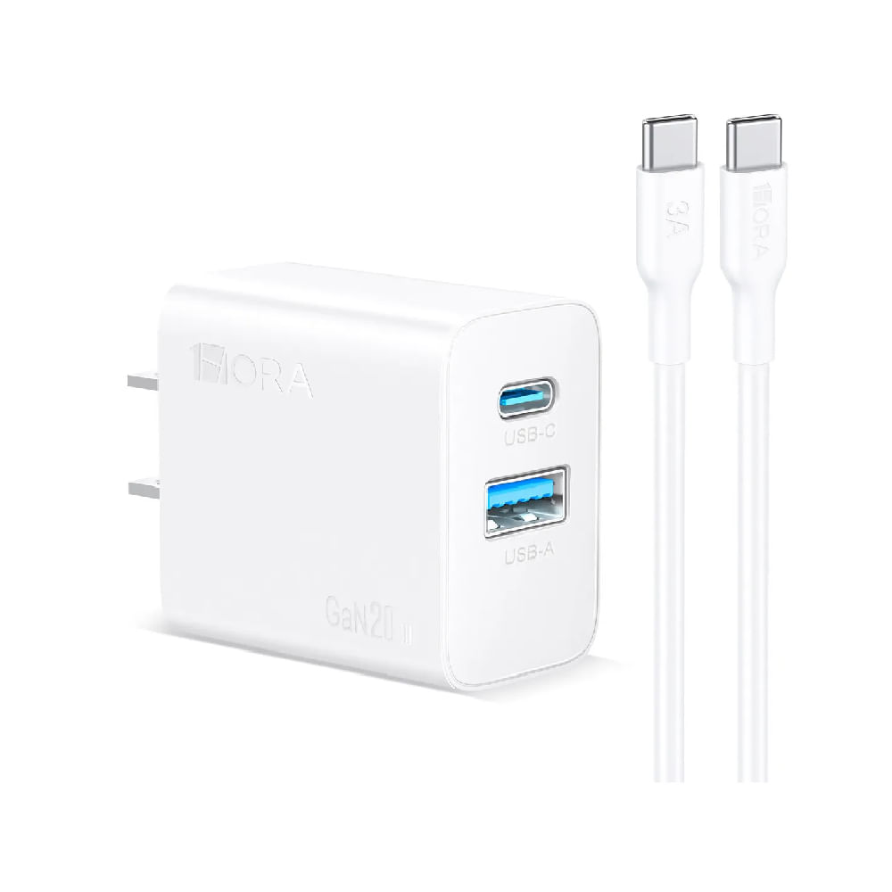 Imagen 1 del producto Cargador de pared 1Hora, puerto tipo C, puerto USB, carga rápida 20W, cable tipo C a tipo C, blanco