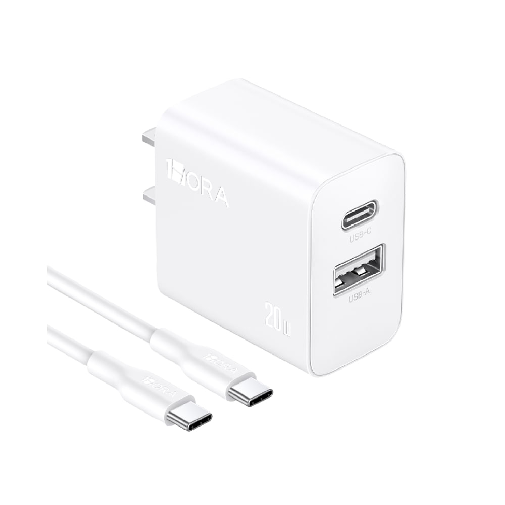 Imagen 2 del producto Cargador de pared 1Hora, puerto tipo C, puerto USB, carga rápida 20W, cable tipo C a tipo C, blanco