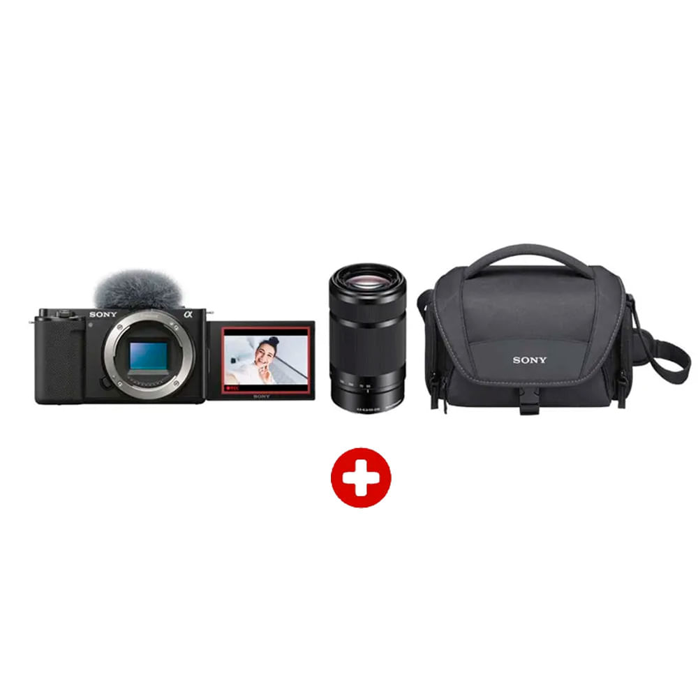 Kit: Cámara digital Sony ZV-E10, lente SEL55210 grabación 4K 30fps 24.2MP, pantalla táctil, funda de transporte
