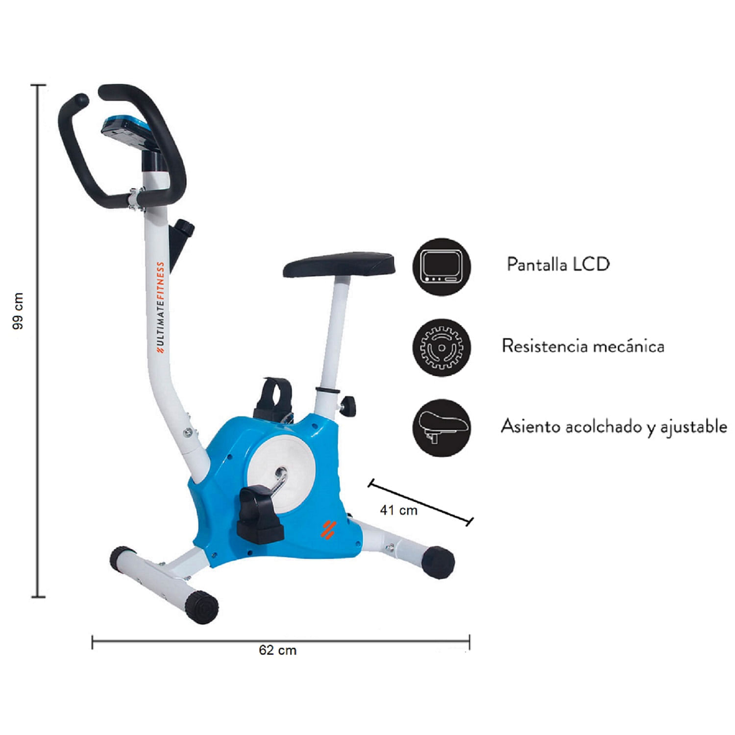Imagen 2 del producto Bicicleta estática Ultimate Fitness E10 peso máx. 125 kg, pantalla LCD, manillas antideslizantes, celeste