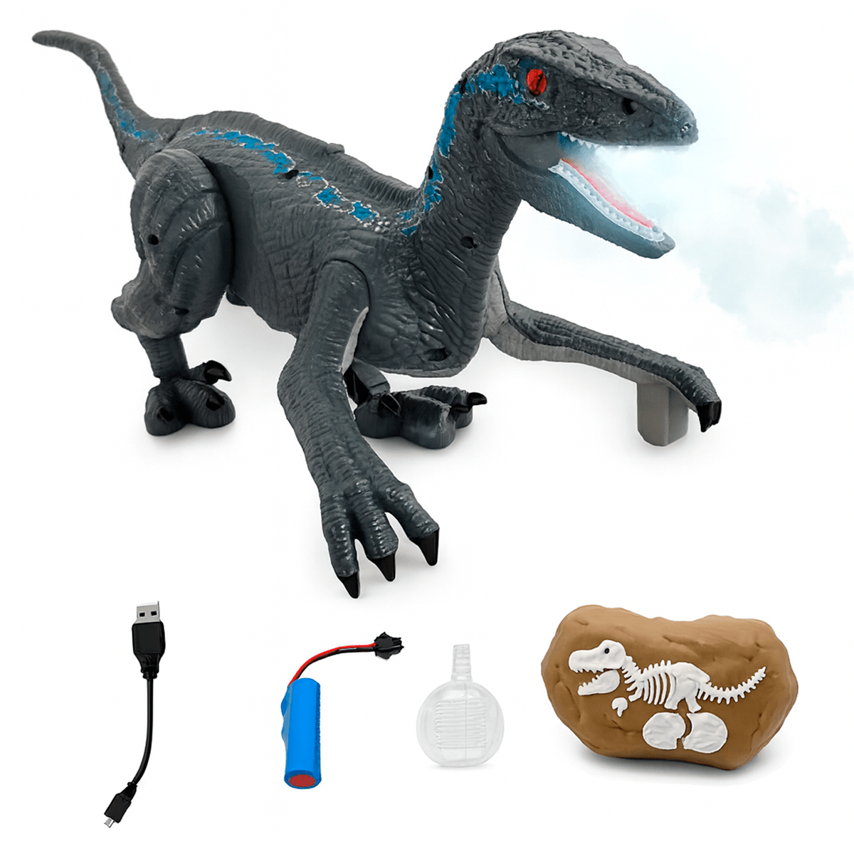 Imagen 2 del producto Dinosaurio velociraptor con control remoto, luces, sonido, efecto de humo y batería recargable 1200mAh
