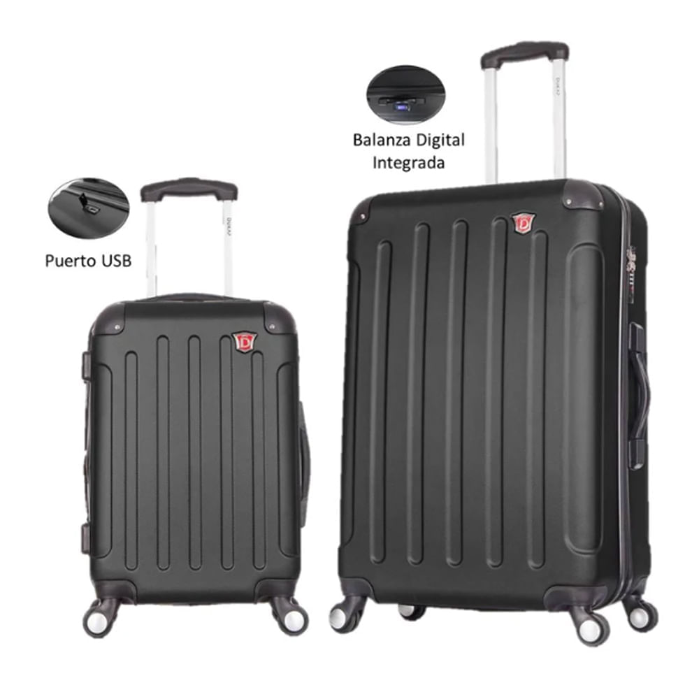 Juego de 2 Maletas Dukap Intely Negro, PC+ABS Micro Diamante, TSA, 8 Ruedas 360°, puerto USB, mangos en gel, negro