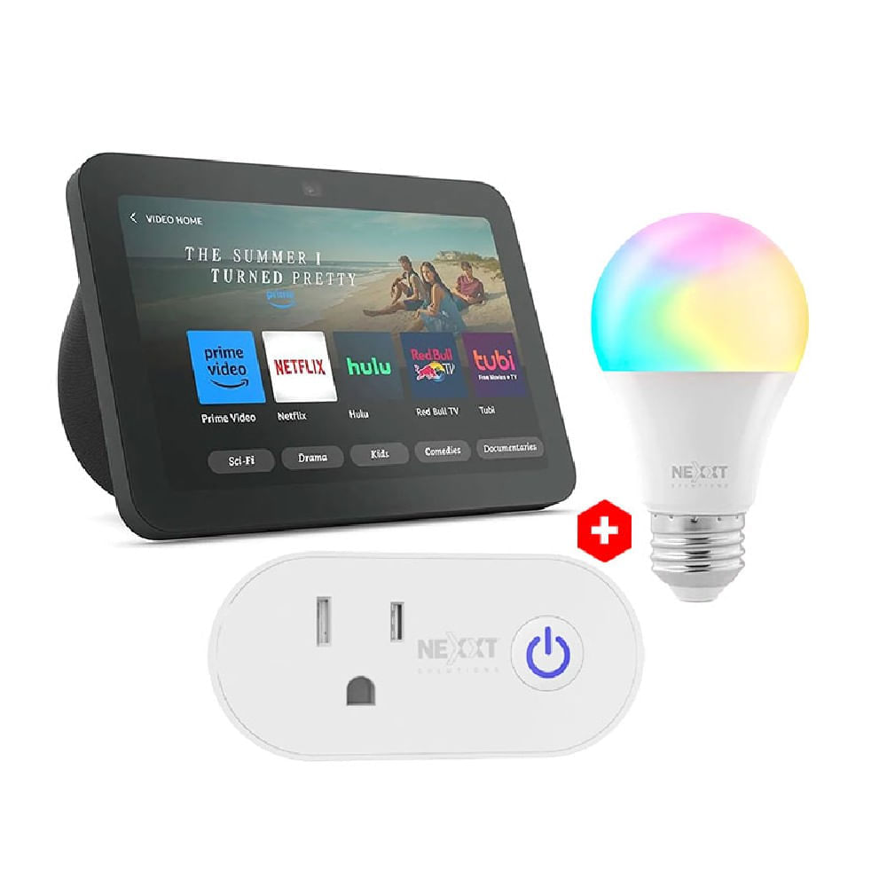 Combo: Echo Show 8 3ra Gen Alexa + Foco Nexxt 9W Multicolor + Enchufe Inteligente WiFi Nexxt