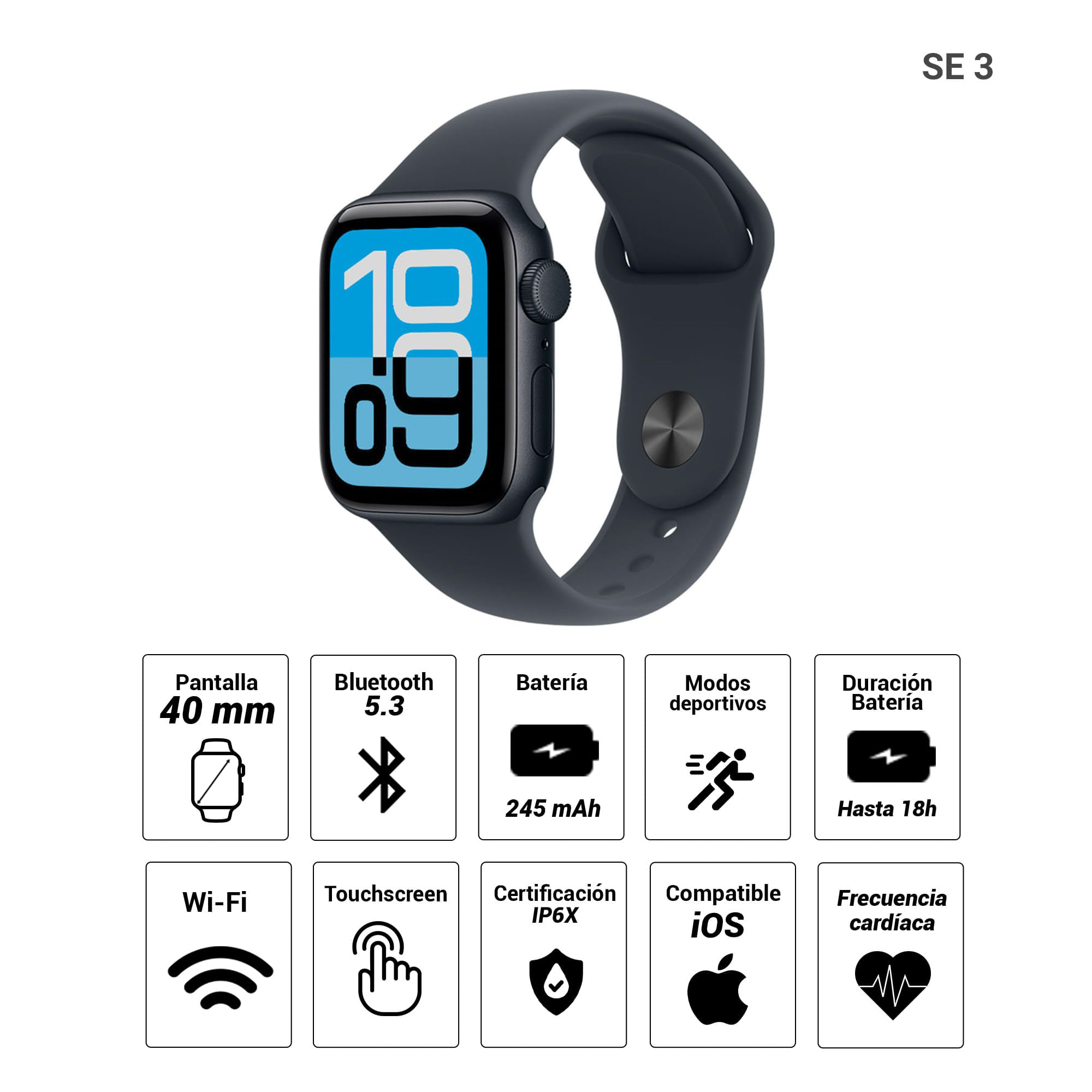 Imagen 2 del producto Apple Watch Series SE 3 40mm/OLED, resistente al agua hasta 50 m, batería hasta 18 horas, correa M/L, midnight aluminium