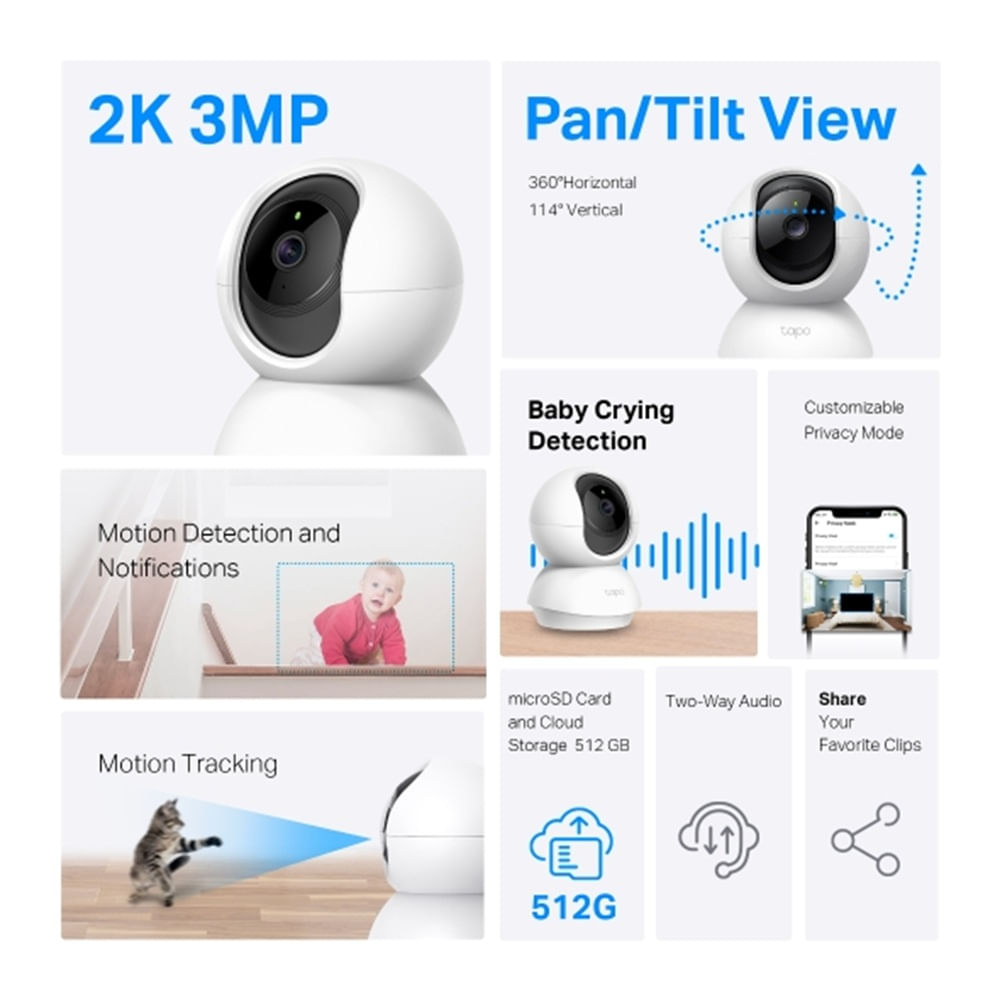Imagen 2 del producto Cámara de seguridad TP-Link Tapo C210, interioir, 3MP, Wi-Fi, 360°, blanco