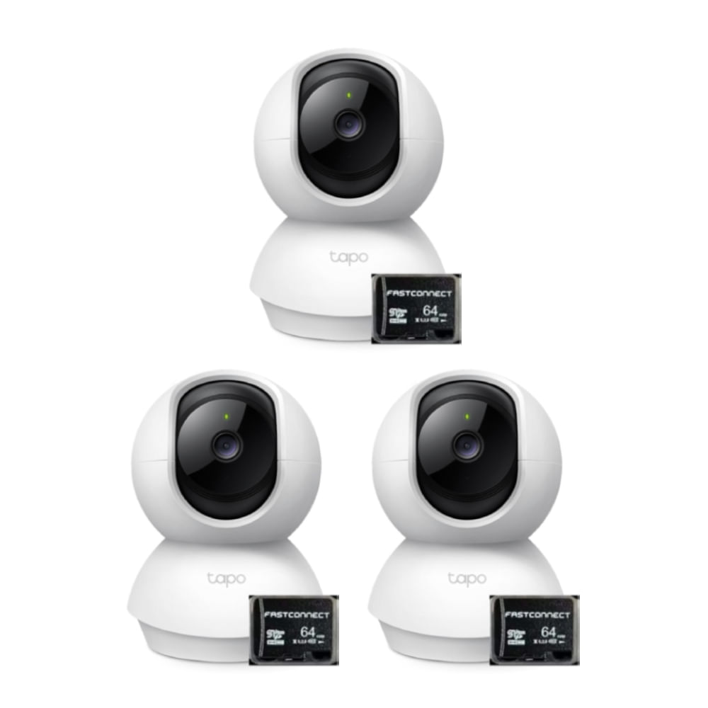 Kit 3 cámaras TP-Link Tapo C210, 3MP, Wi-Fi, 360°, blanco + micro SD 64GB