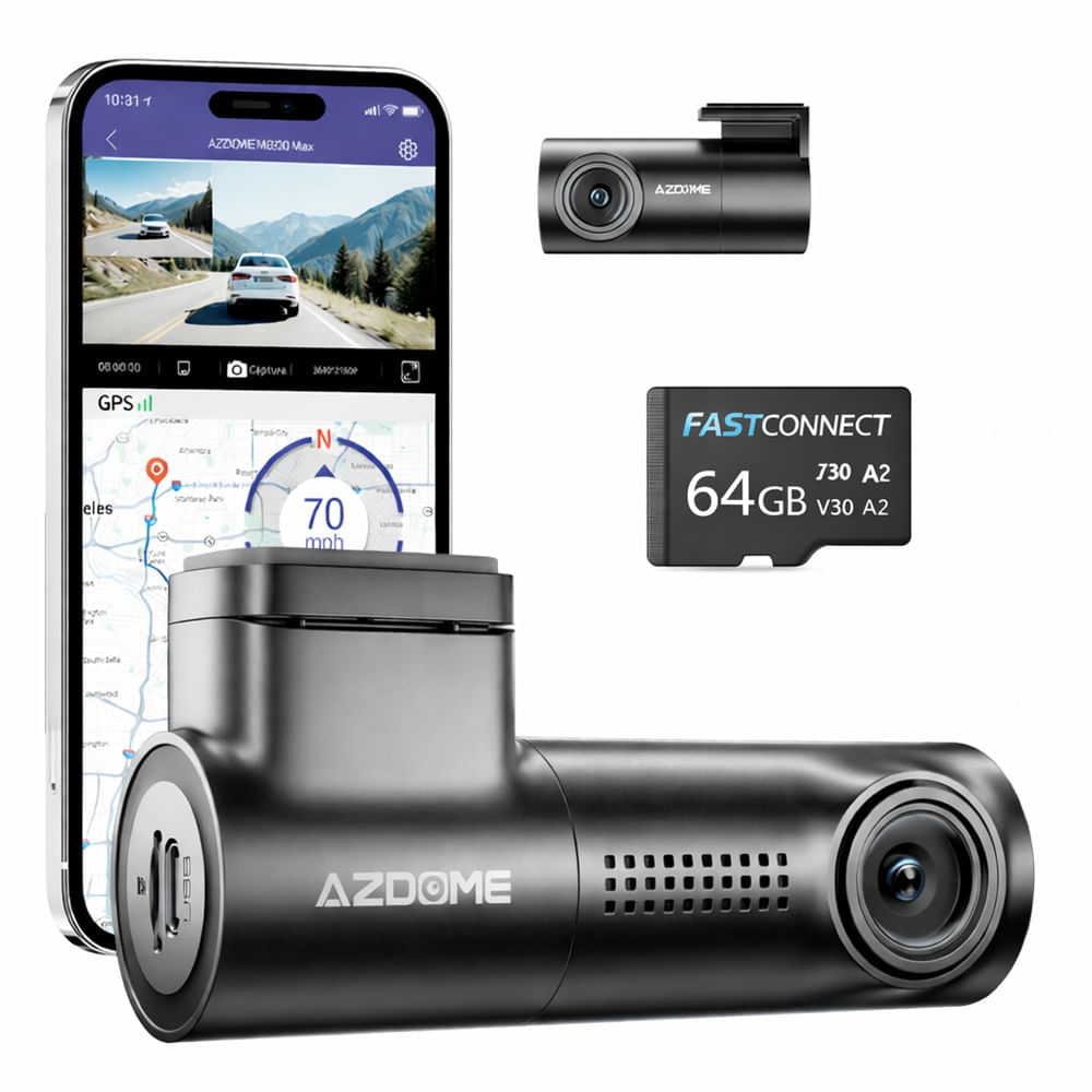 Imagen 2 del producto Cámara para autos dashcam Azdome M330 Max, 4K, canal frontal+trasera, GPS, Wi-Fi, negro + micro SD 64 GB