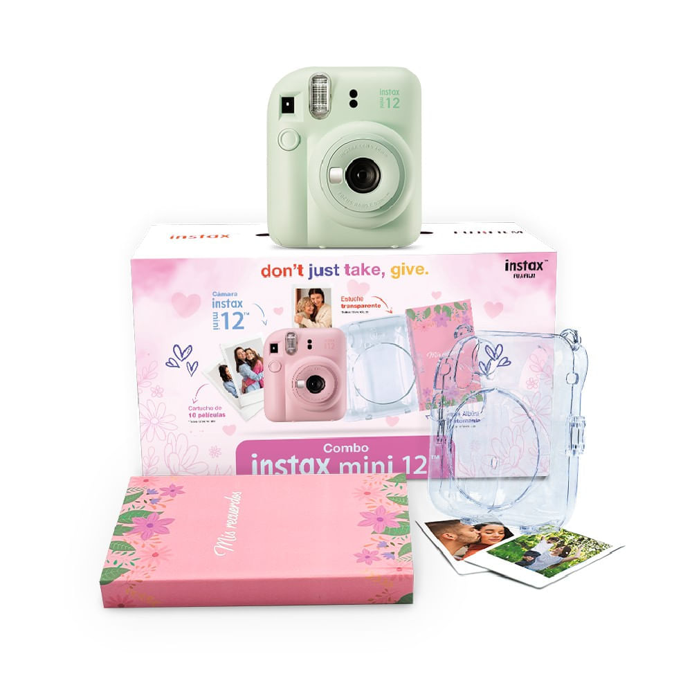 Cámara Instax Fujifilm Mini 12 menta verde + Pack 10 + estuche + álbum, instantánea con modo selfie y diseño compacto