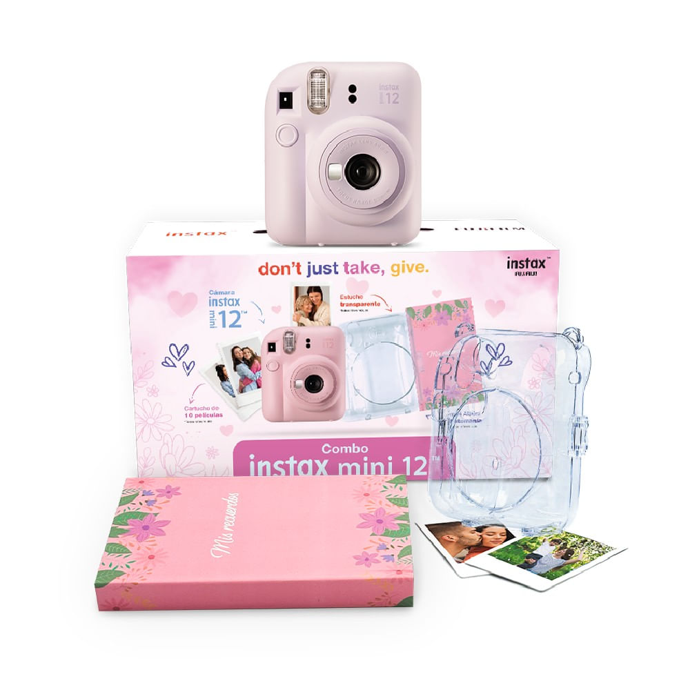 Cámara Instax Fujifilm Mini 12 lila morado + Pack 10 + estuche + álbum, instantánea con modo selfie y diseño compacto