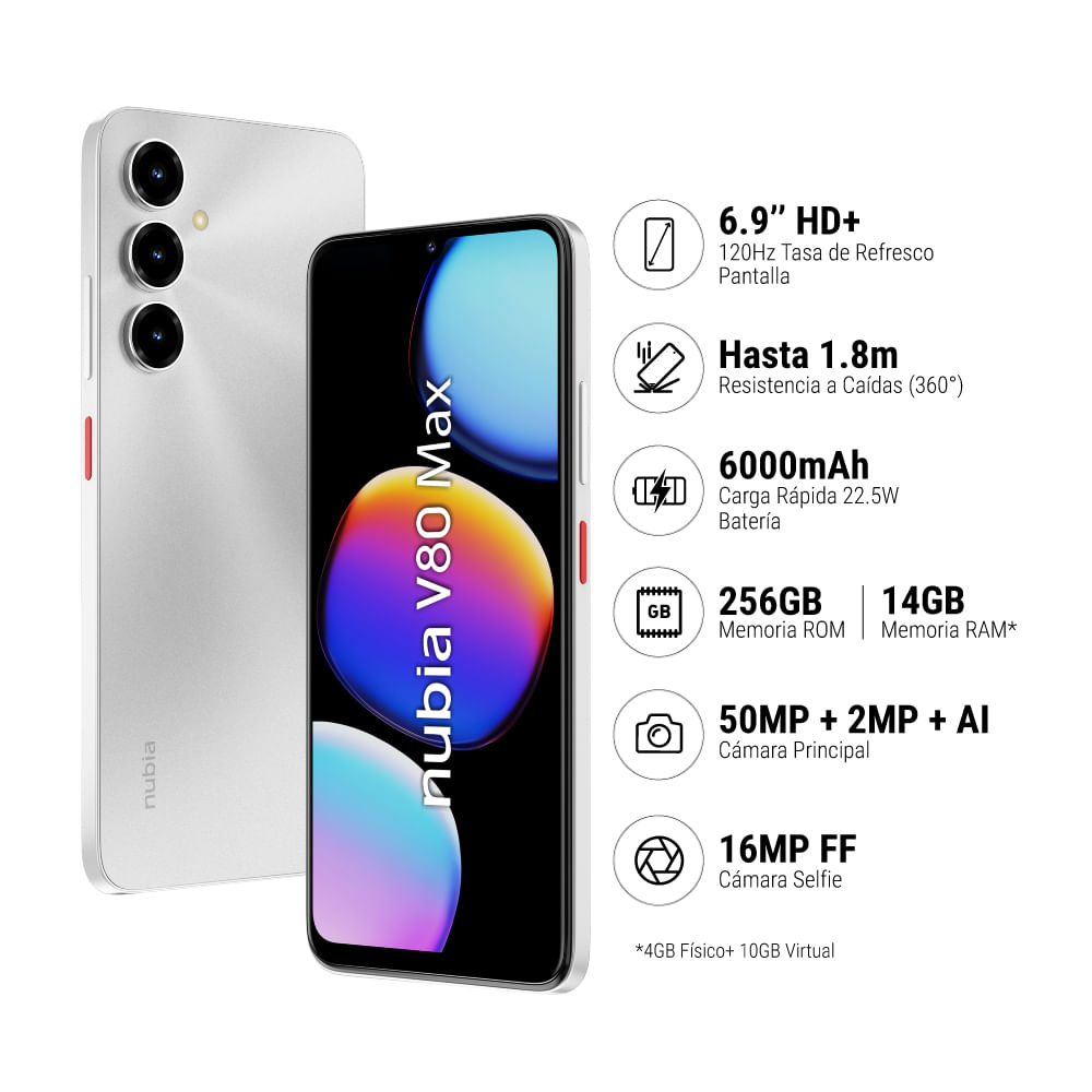 Imagen 2 del producto Celular ZTE V80 Max 256GB 8GB RAM, cámara trasera 50MP y frontal 16MP, 6.9"", plateado
