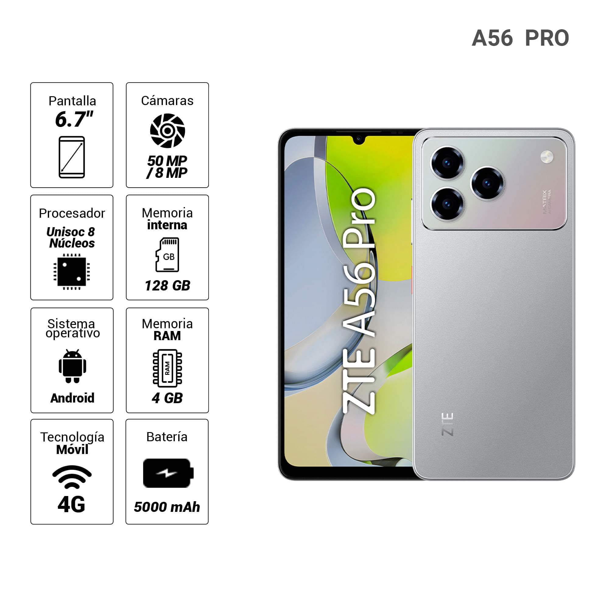 Imagen 2 del producto Celular ZTE A56 Pro 4G 128GB, 4GB RAM, cámara trasera 50MP y frontal 8MP, 6.75"", gris