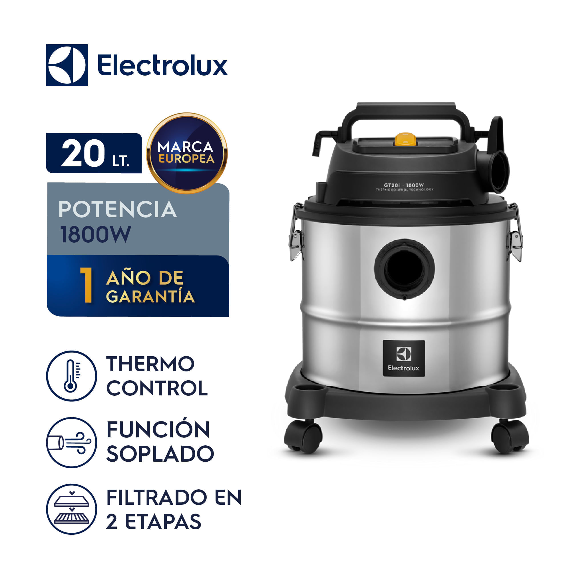 Imagen 2 del producto Aspiradora Electrolux GT20I para polvo y agua, 1800W, hasta 20L, función soplado inox