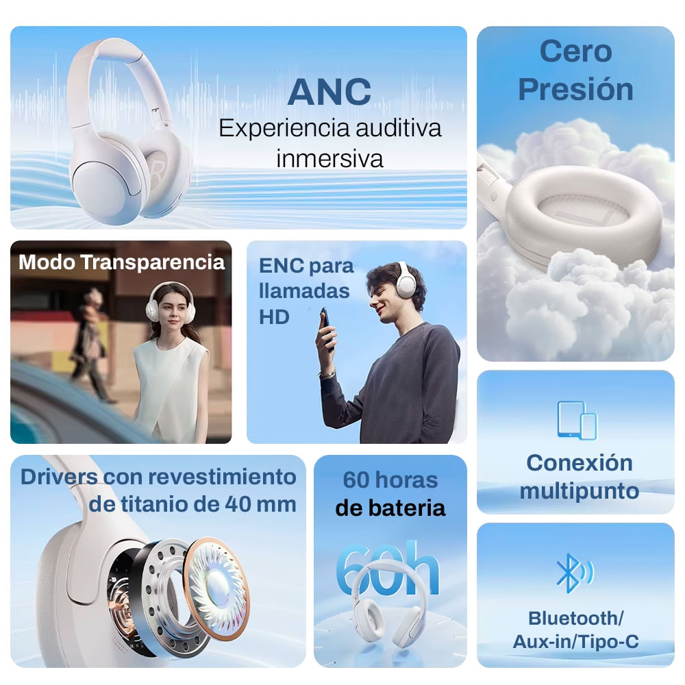 Imagen 2 del producto Audífonos bluetooth on ear QCY H3 Lite, almohadillas acolchadas, 60 horas, control de música y llamadas negro