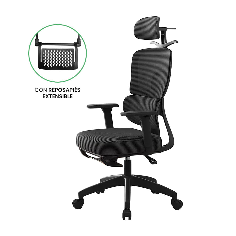 Imagen 2 del producto Silla de oficina ergonómica Evox Advance E6-BR, cabecera y reposabrazos 3D, soporte lumbar y reposapiés, negro