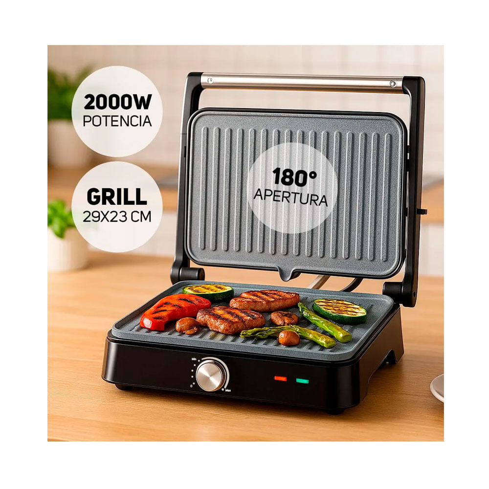 Imagen 2 del producto Parrilla grill Taurus Asteria II 2000W, recubrimiento cerámico, apertura 180°, bandeja antigoteo, negro