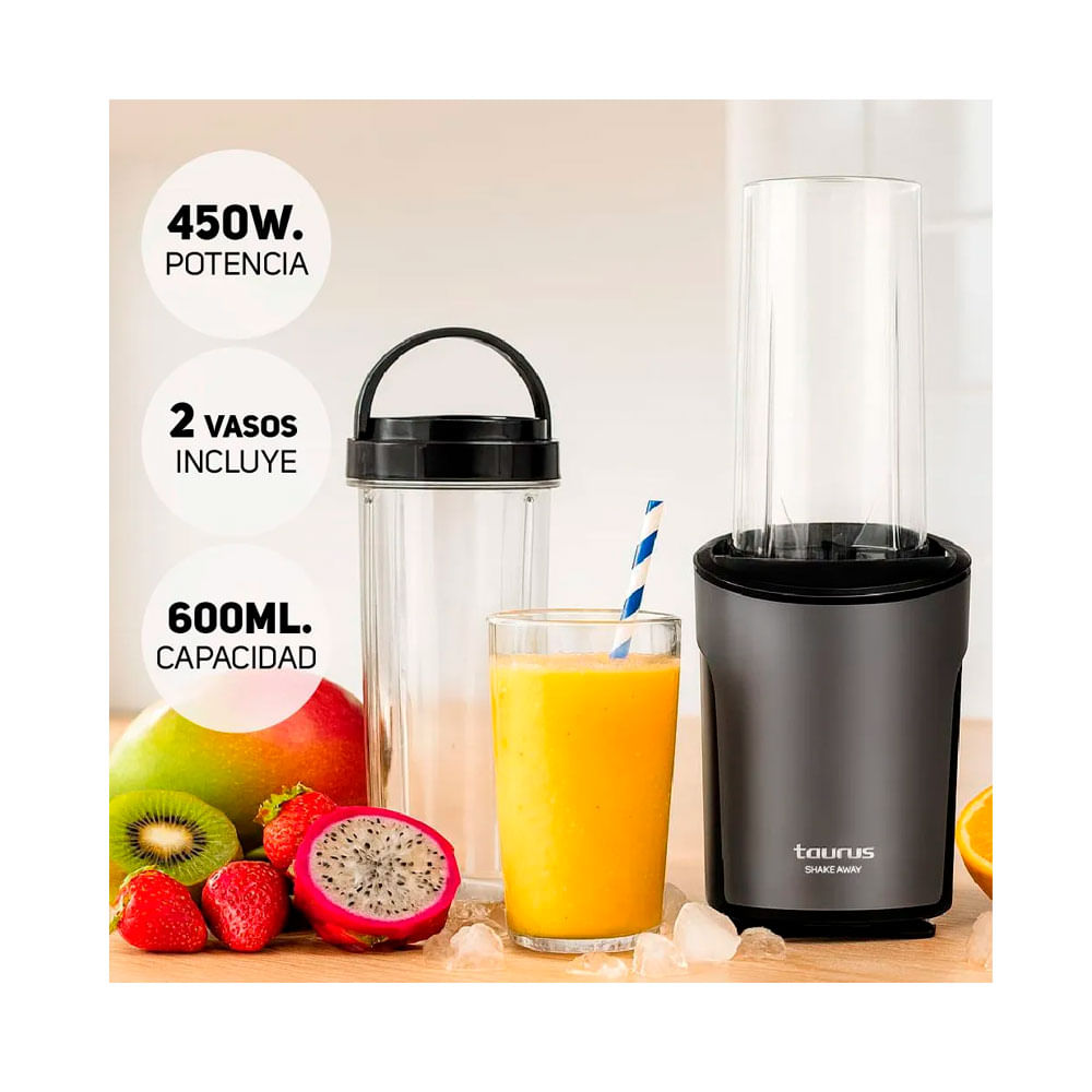 Imagen 2 del producto Licuadora portátil Taurus Shake Away 2.0, 450W, vaso 600 ml, cuchillas acero inoxidable, plateado negro