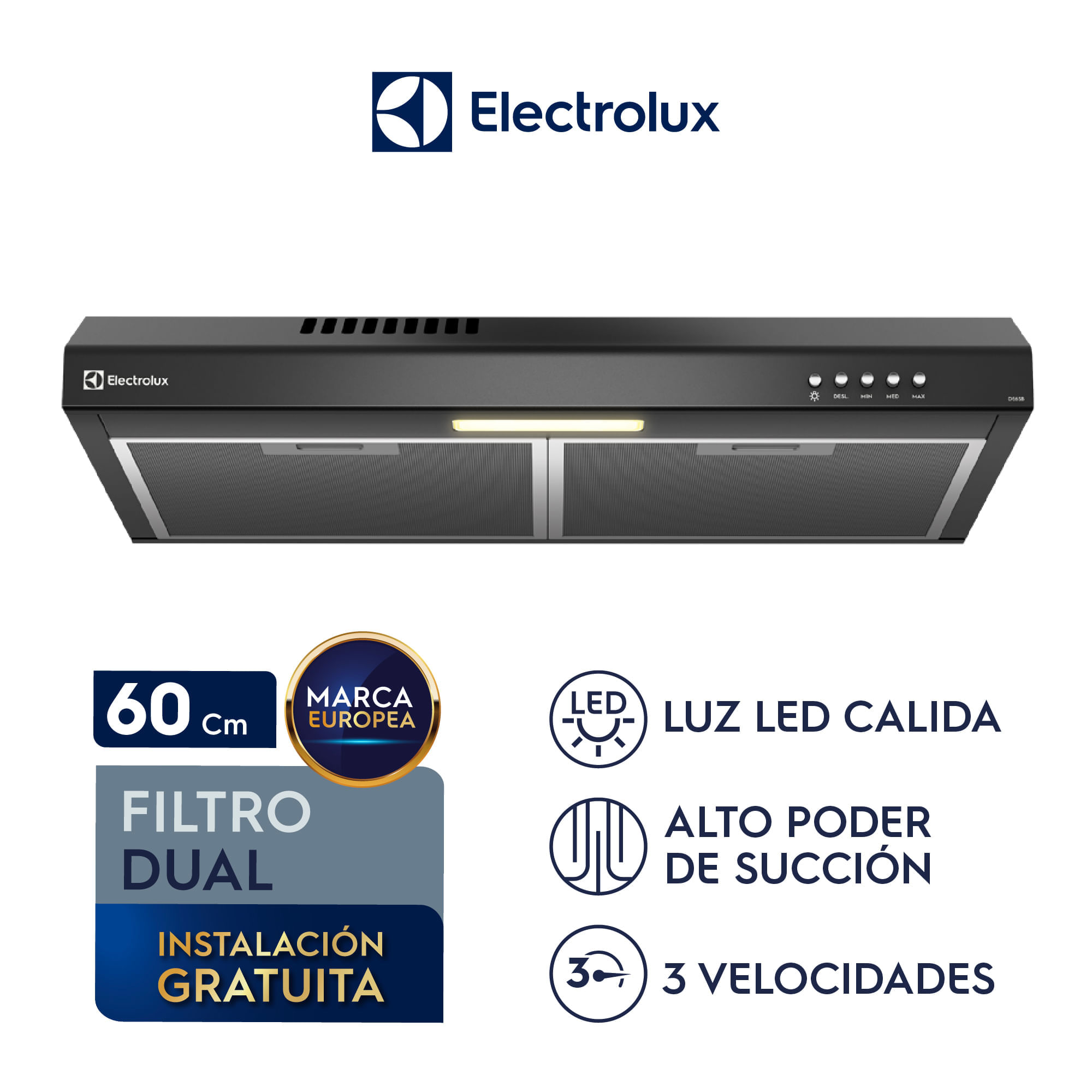 Imagen 2 del producto Campana extractora Electrolux DE6SB, 60 cm, 3 velocidades, iluminación LED, negro