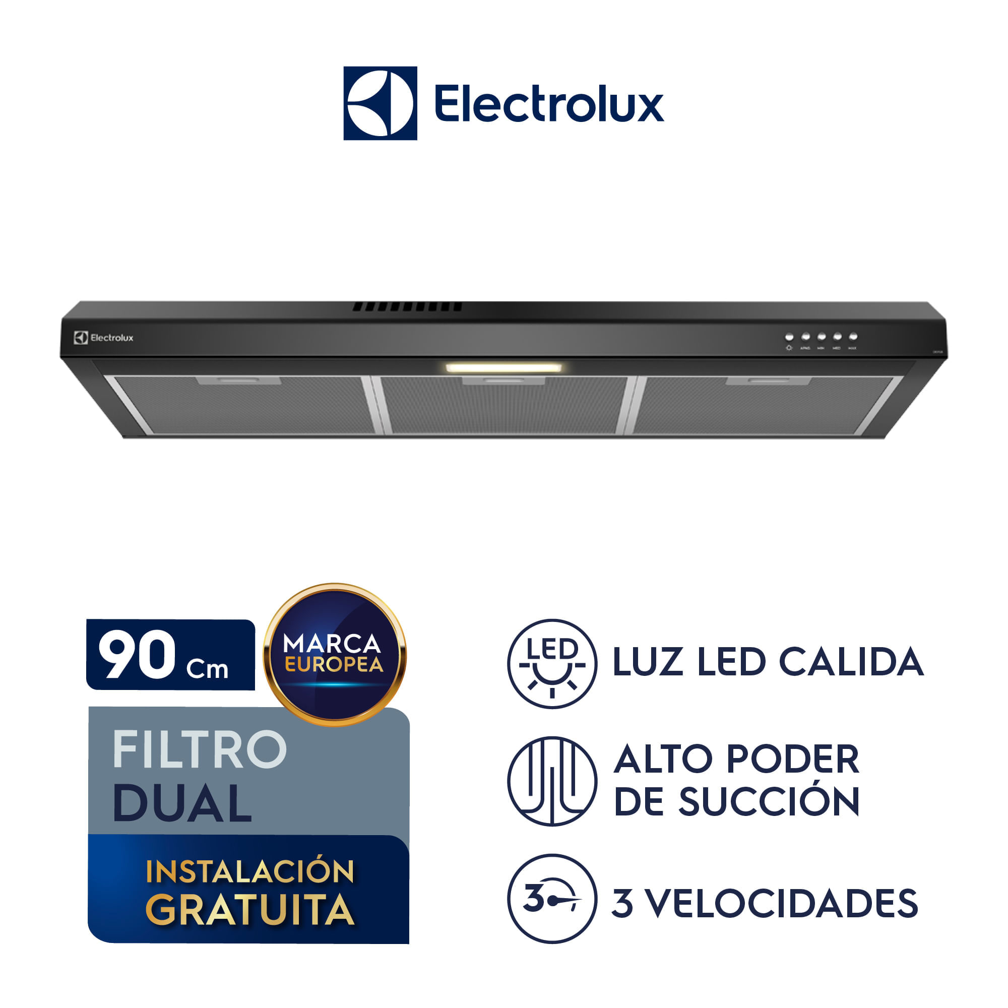 Imagen 2 del producto Campana extractora Electrolux DE9SB, 90 cm, 3 velocidades, iluminación LED, negro