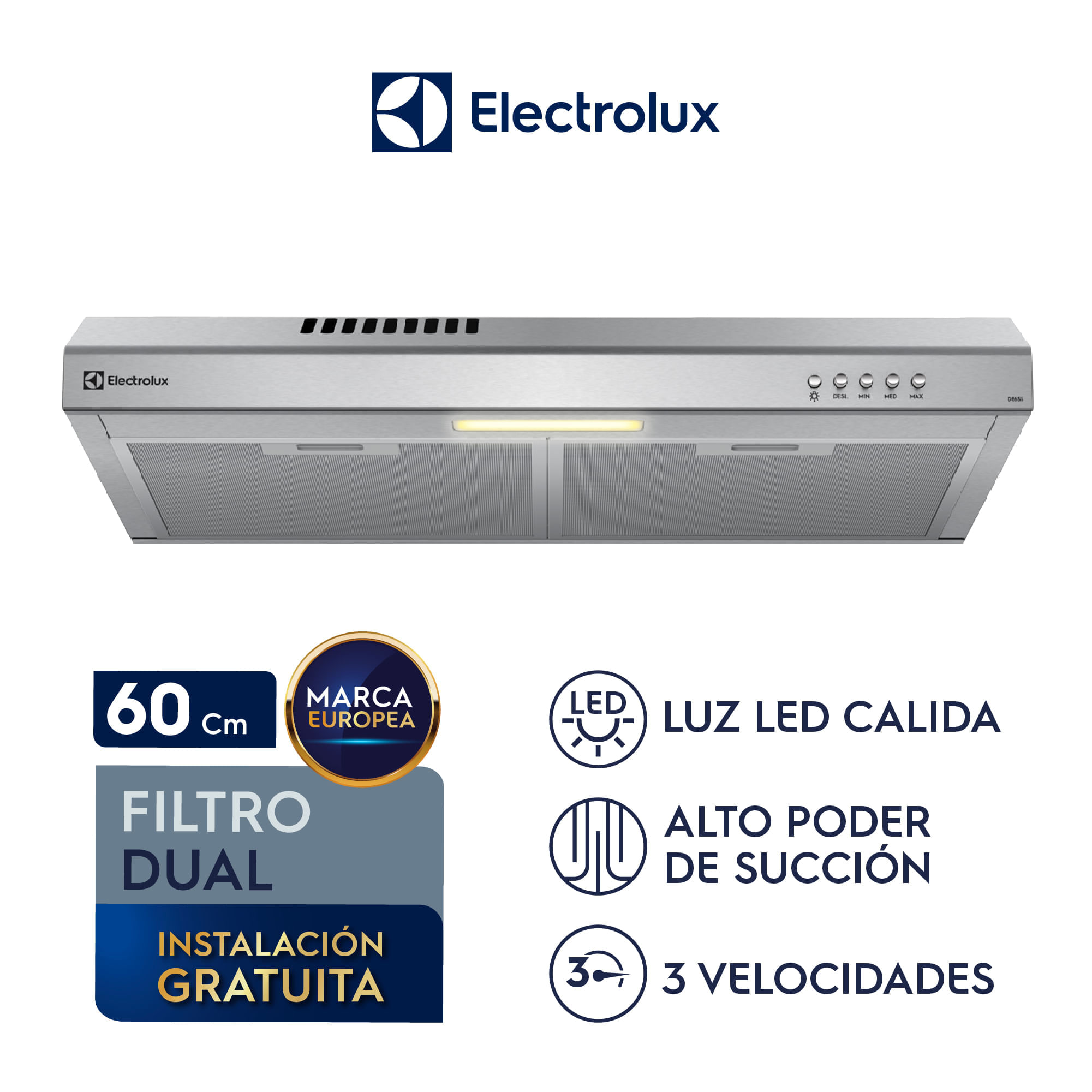 Imagen 2 del producto Campana extractora Electrolux DE6SS, 60 cm, 3 velocidades, iluminación LED, inox